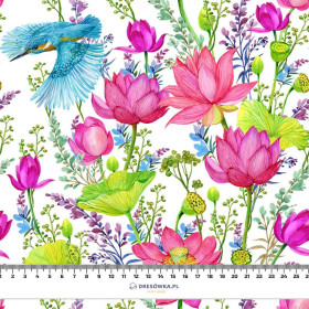 EISVÖGEL UND MOHNBLUMEN (EISVÖGEL AUF DER WIESE) / weiß - Viskose Webware