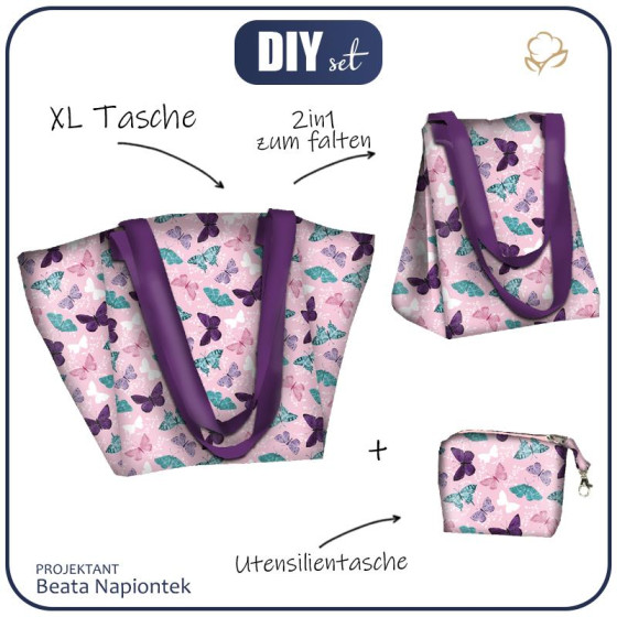 XL Tasche mit Utensilientasche 2 in 1 - SCHMETTERLINGE M. 5 / rosa (PURPUR SCHMETTERLINGE) - Nähset