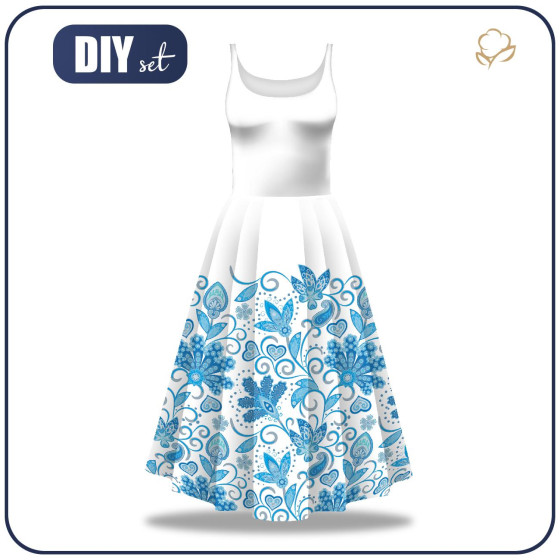 KLEID "ISABELLE" - BLUMEN (Motiv 2 hellblau) / weiß - Nähset