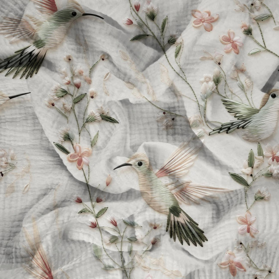 PASTEL BIRDS M. 6 (Kolibris) - Baumwoll Musselin