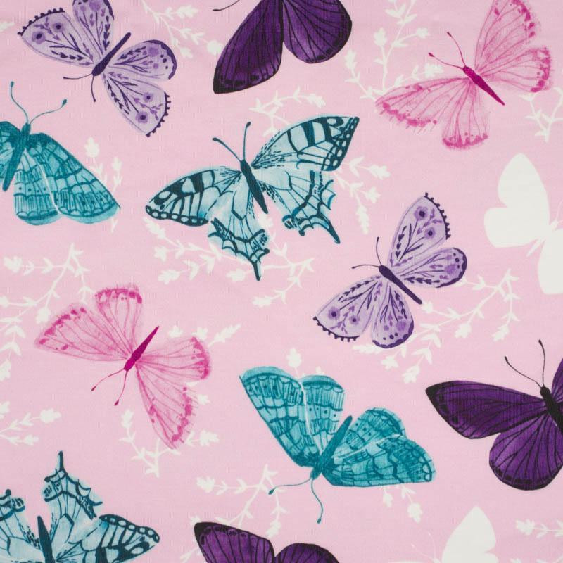 MOTÝLI VZ. 5 / růžová (PURPUROVÍ MOTÝLI) - organický úplet single jersey s elastanem