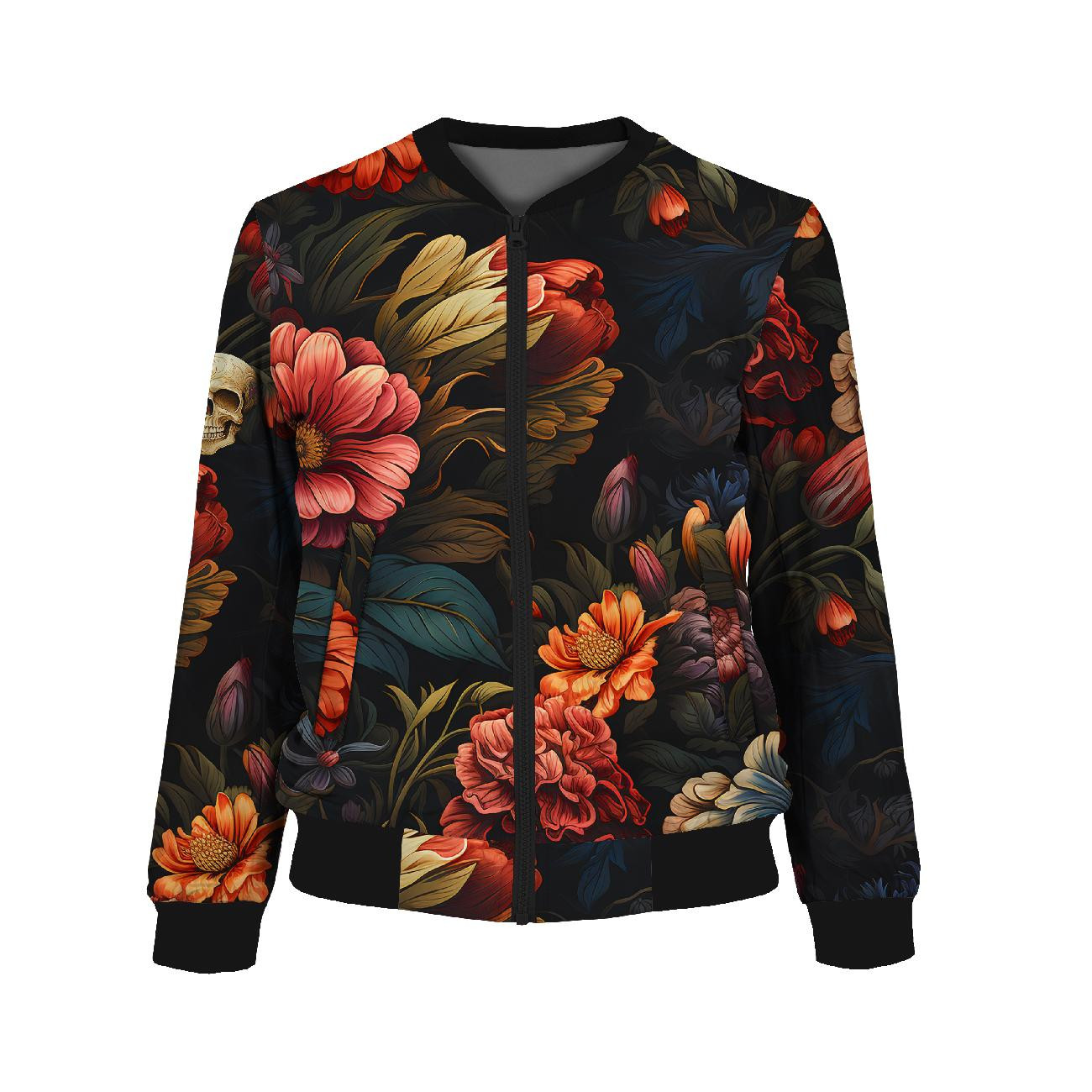 DÁMSKA BOMBER BUNDA (KAMA) - FLOWERS AND SKULL - Sada šití