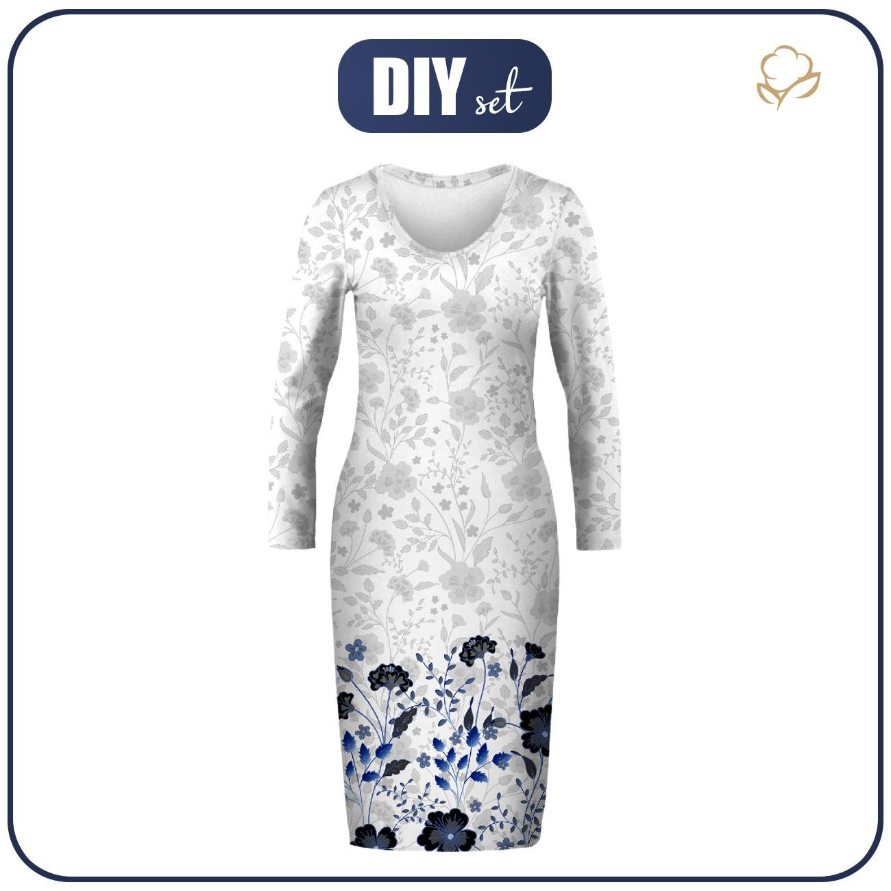 Tužkové šaty (ALISA) - KVĚTY (vzor 5 navy) / bílá - Sada šití