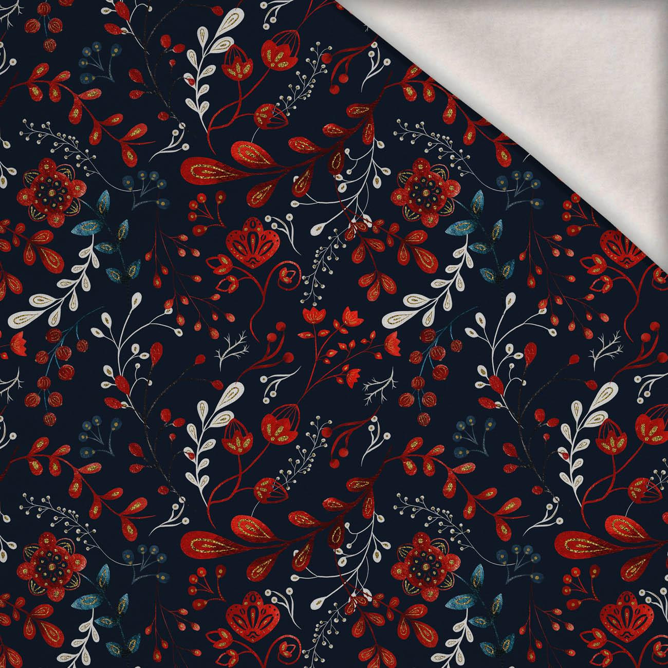 FOLK FLORAL vz. 1 / červená (FOLK LES) - teplákovina počesaná s elastanem ITY