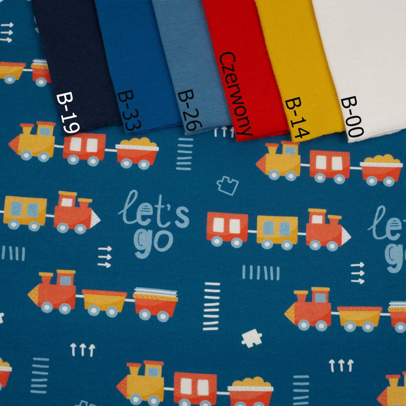 LOKOMOTIVY (LET’S GO) / tmavomodrý (ADVENTURE BEGINS) - organický úplet single jersey s elastanem 