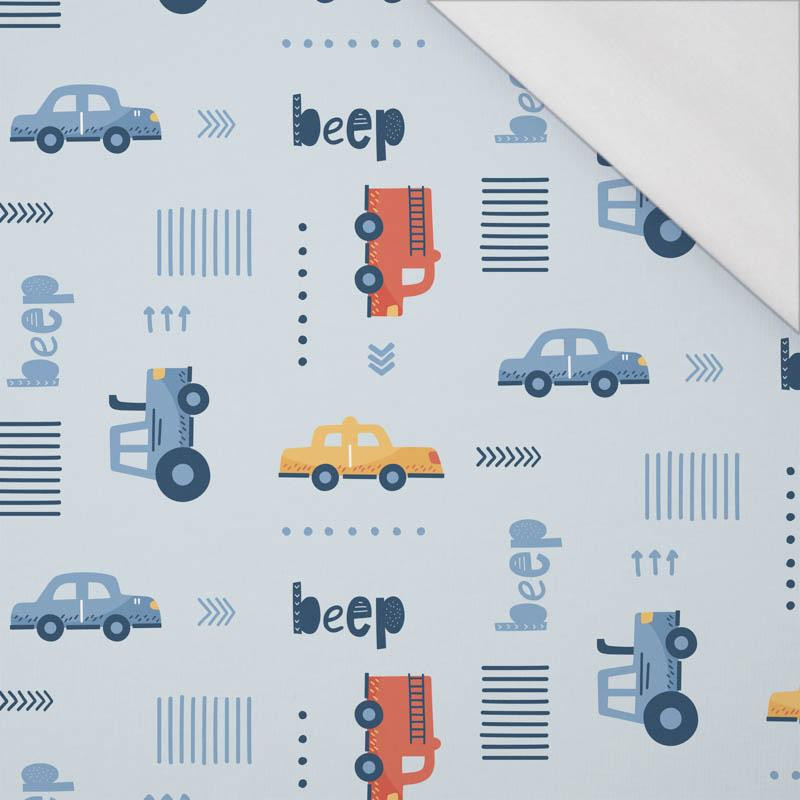 VOZIDLA (BEEP) / azurový (ADVENTURE BEGINS) - organický úplet single jersey s elastanem