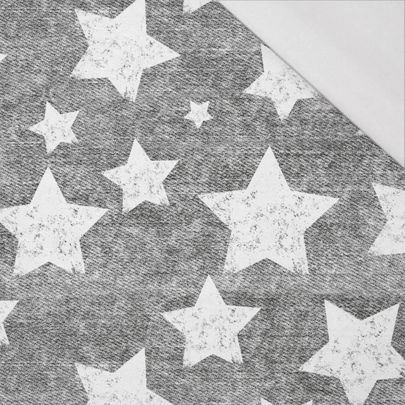BÍLÉ HVĚZDY/ potíraný jeans (šedivý) - organický úplet single jersey s elastanem BÍLÉ HVĚZDY/ potíraný jeans (šedivý) - organický úplet single jersey s elastanem