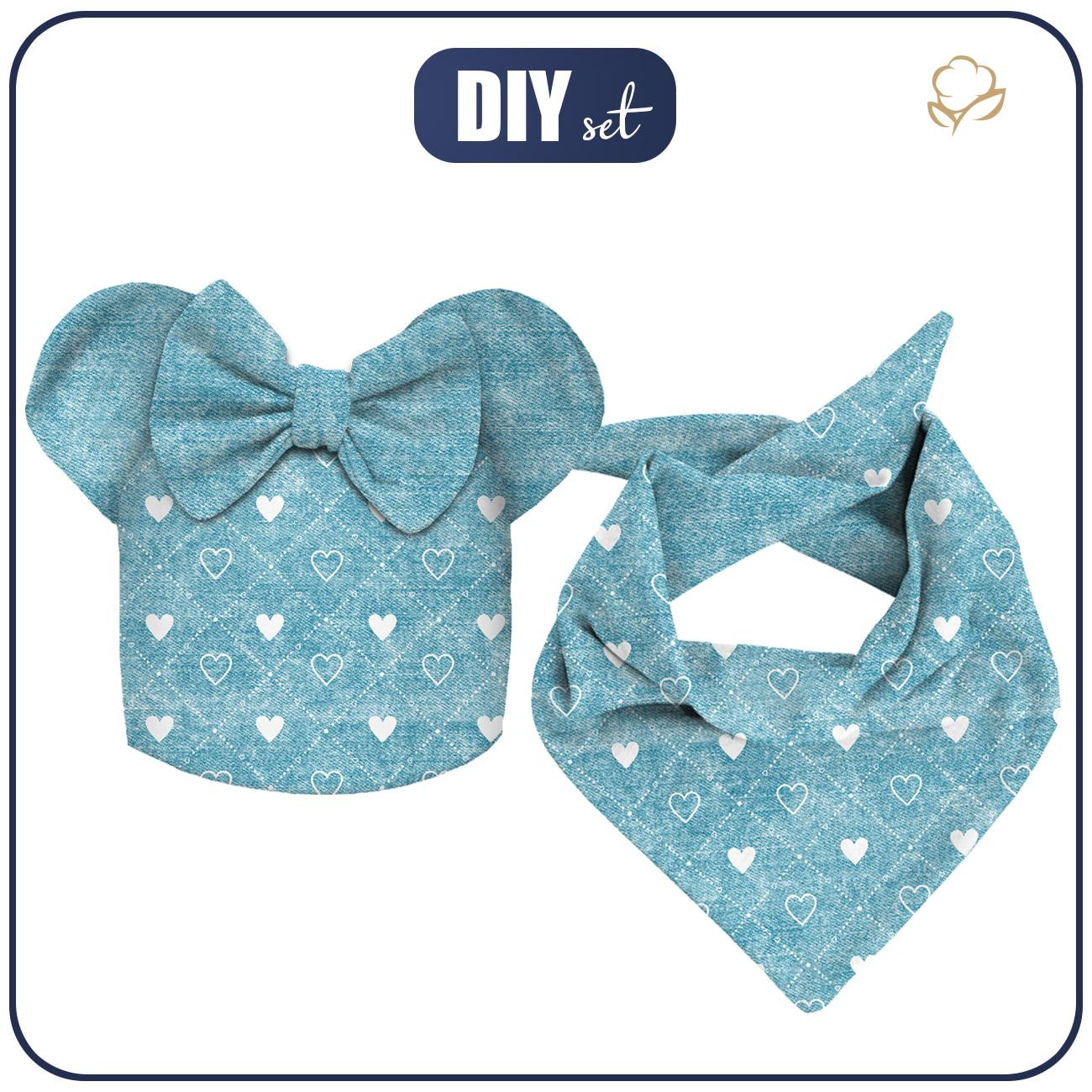DĚTSKÁ ČEPICE A ŠATKA (MOUSE) - SRDÍČKA A KOSOČTVERCE / ROZŘEZANÝ JEANS (mořský) - Sada šití