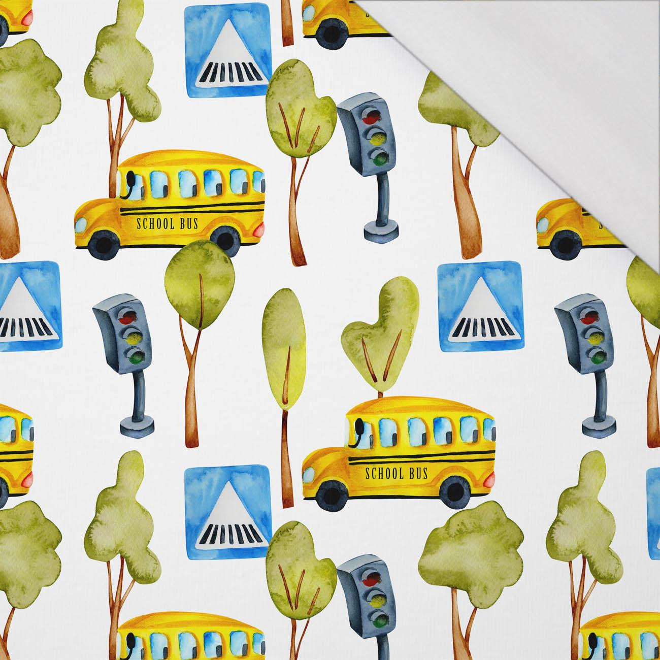ŠKOLNÍ AUTOBUSY (BAREVNÁ DOPRAVA) - organický úplet single jersey s elastanem ŠKOLNÍ AUTOBUSY (BAREVNÁ DOPRAVA) - organický úplet single jersey s elastanem