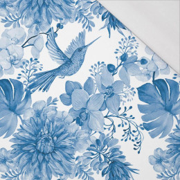 KOLIBŘICÍ A KVĚTY  (CLASSIC BLUE) - organický úplet single jersey s elastanem 