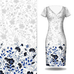 KVĚTY (vzor 5 navy) / bílá - panel pro šaty Mušelín bavlněný