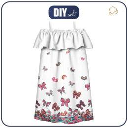 Bardot šaty (LILI) - BOTTERFLIES (vzor 1 růžová) / bílá - Sada šití