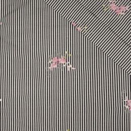  KVĚTY / černé pruhy - Vyšívaná bavlněná tkanina