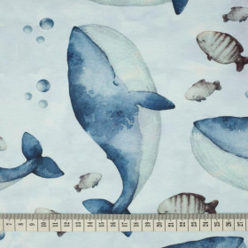 MODRÉ VELRYBY (OCEÁNSKÝ SVĚT) / KAMUFLÁŽ vz. 2 (azurový) - organický úplet single jersey s elastanem 