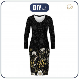 Tužkové šaty (ALISA) - KVĚTINY (vzor 8) / černá - Sada šití