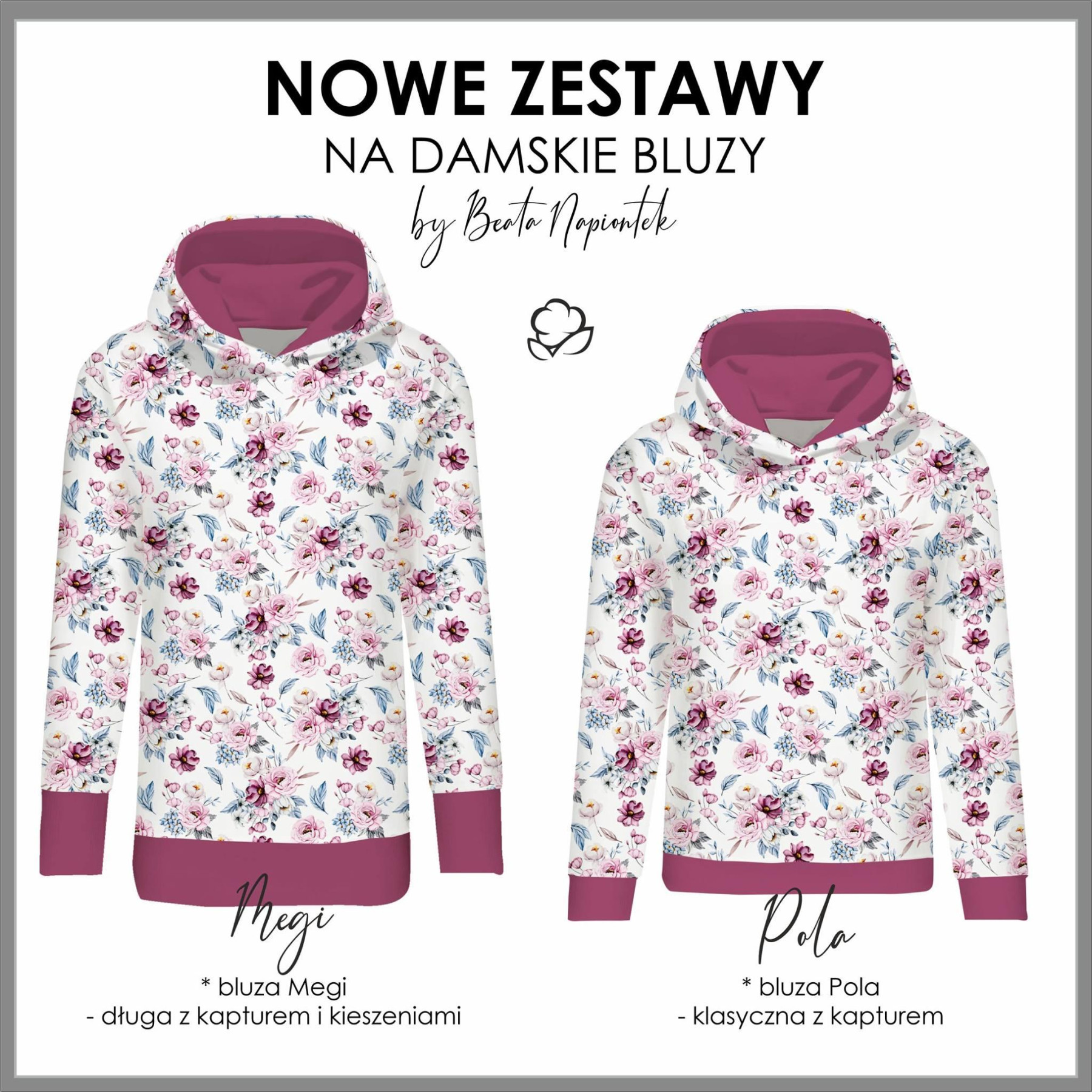BLUZA DAMSKA (MEGI) -  DŁUGA Z KAPTUREM - AKWARELOWY BUKIET wz. 2 -  dzianina pętelkowa