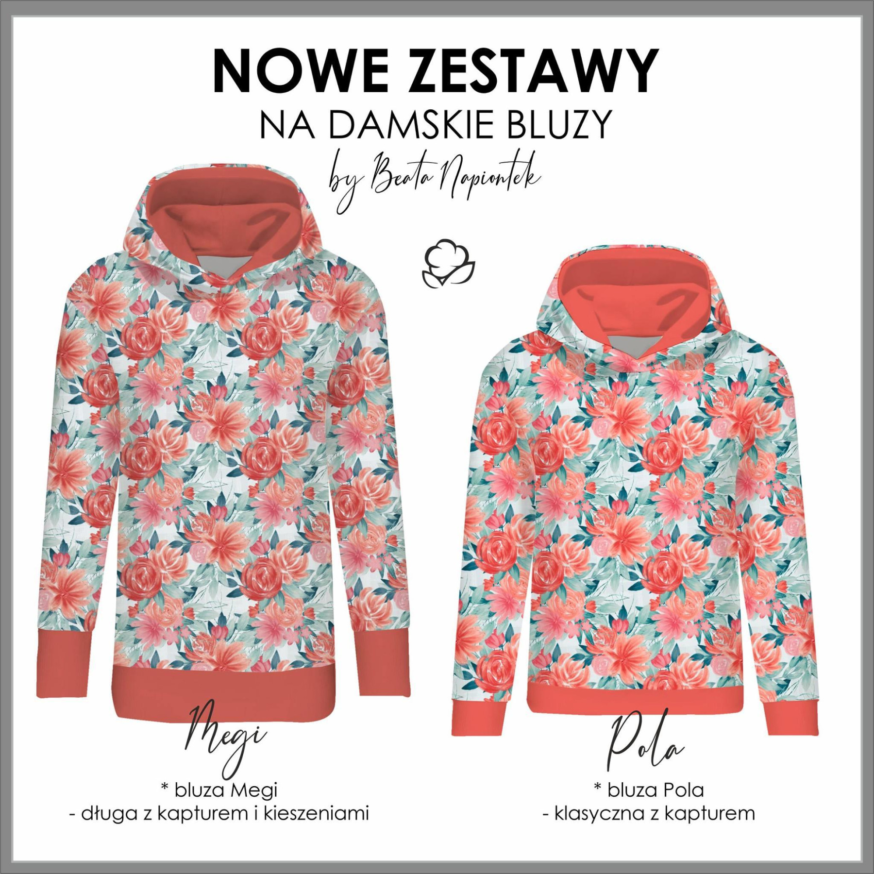 BLUZA DAMSKA (MEGI) - DŁUGA Z KAPTUREM - RÓŻE I PIWONIE wz. 2 -  dzianina pętelkowa