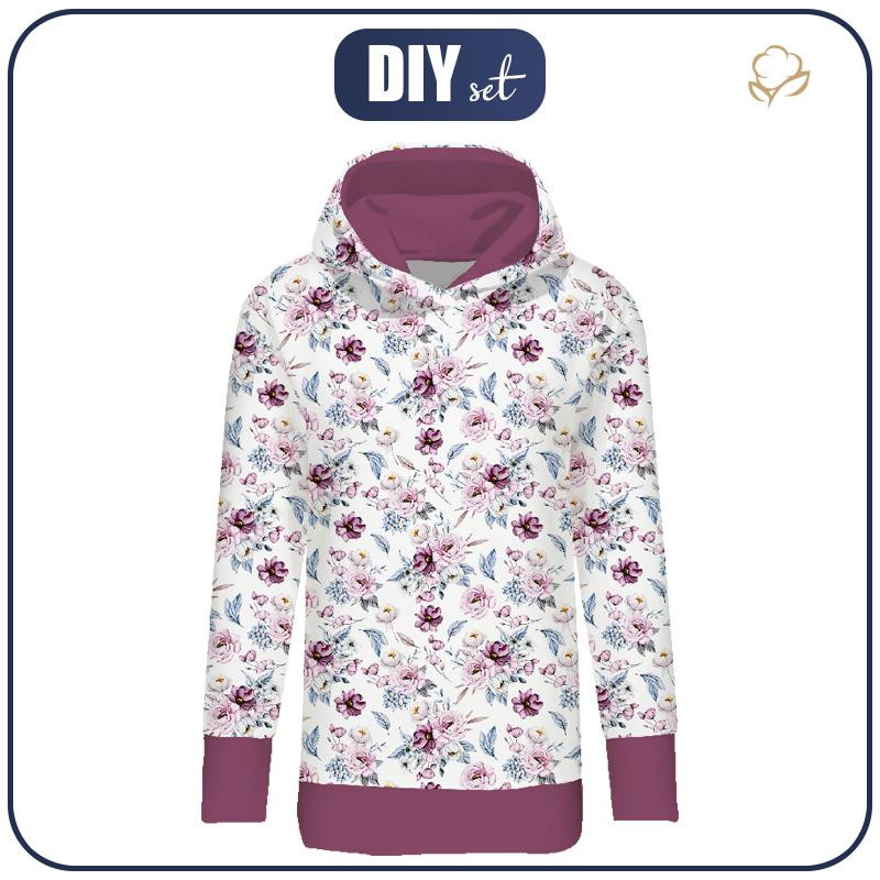 BLUZA DAMSKA (MEGI) -  DŁUGA Z KAPTUREM - AKWARELOWY BUKIET wz. 2 -  dzianina pętelkowa