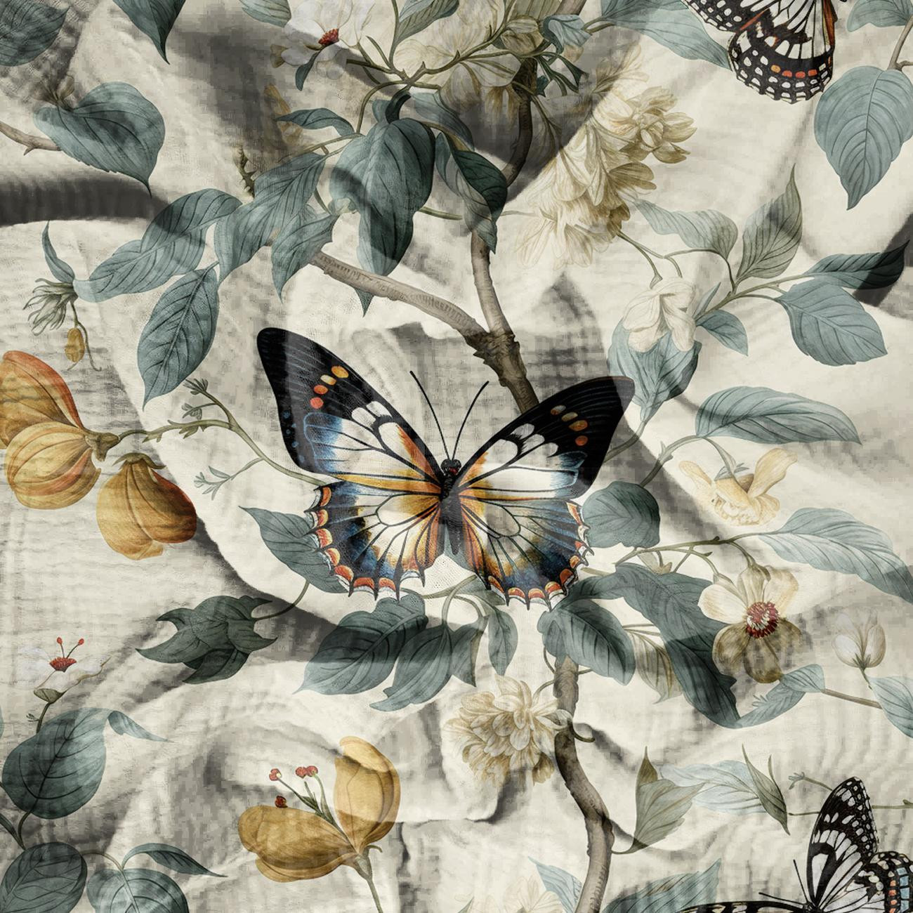 Butterfly & Flowers wz.2 - Muślin bawełniany
