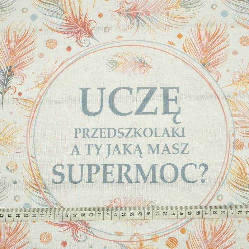 Uczę przedszkolaki, a Ty jaką masz supermoc? / tęczowe piórka - panel tkanina bawełniana