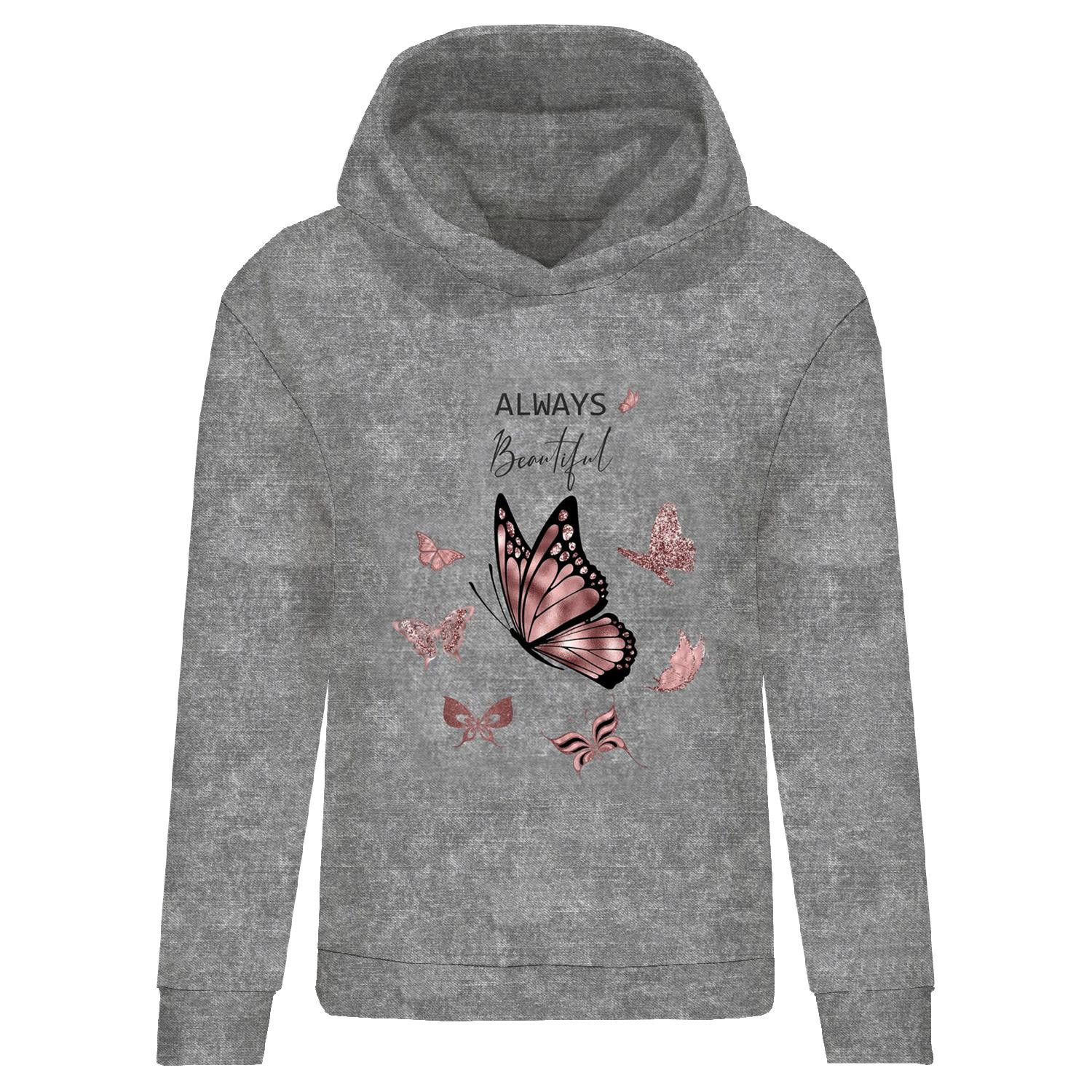BLUZA DAMSKA (POLA) CLASSIC Z KAPTUREM - ALWAYS BEAUTIFUL (BROKATOWE MOTYLE) / ACID WASH SZARY - dzianina pętelkowa