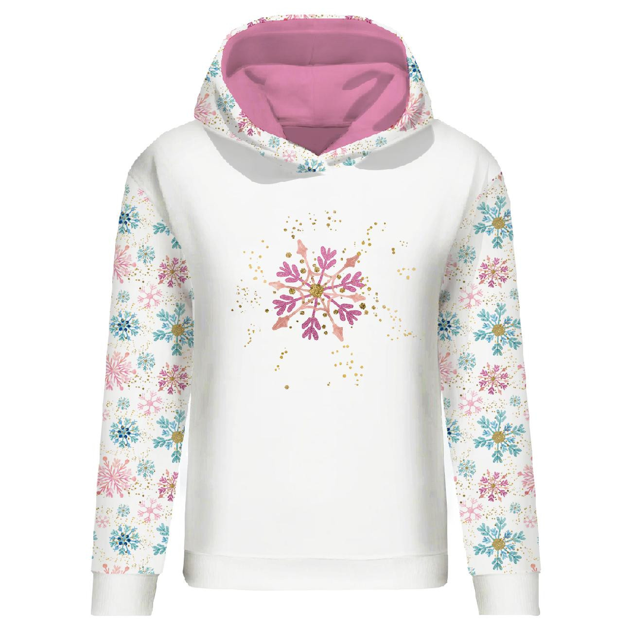 BLUZA DAMSKA (POLA) CLASSIC Z KAPTUREM - ŚNIEŻYNKI MIX - dzianina pętelkowa