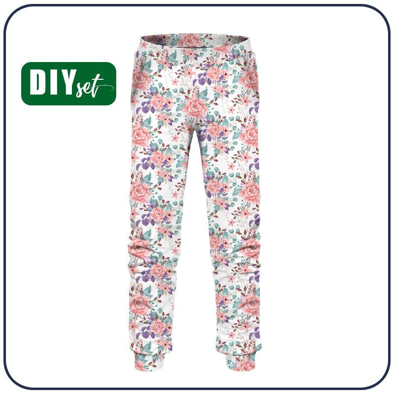 DZIECIĘCE SPODNIE DRESOWE (LYON) - KWIATY DZIKIEJ RÓŻY wz. 1 (KWITNĄCA ŁĄKA) - dzianina pętelkowa