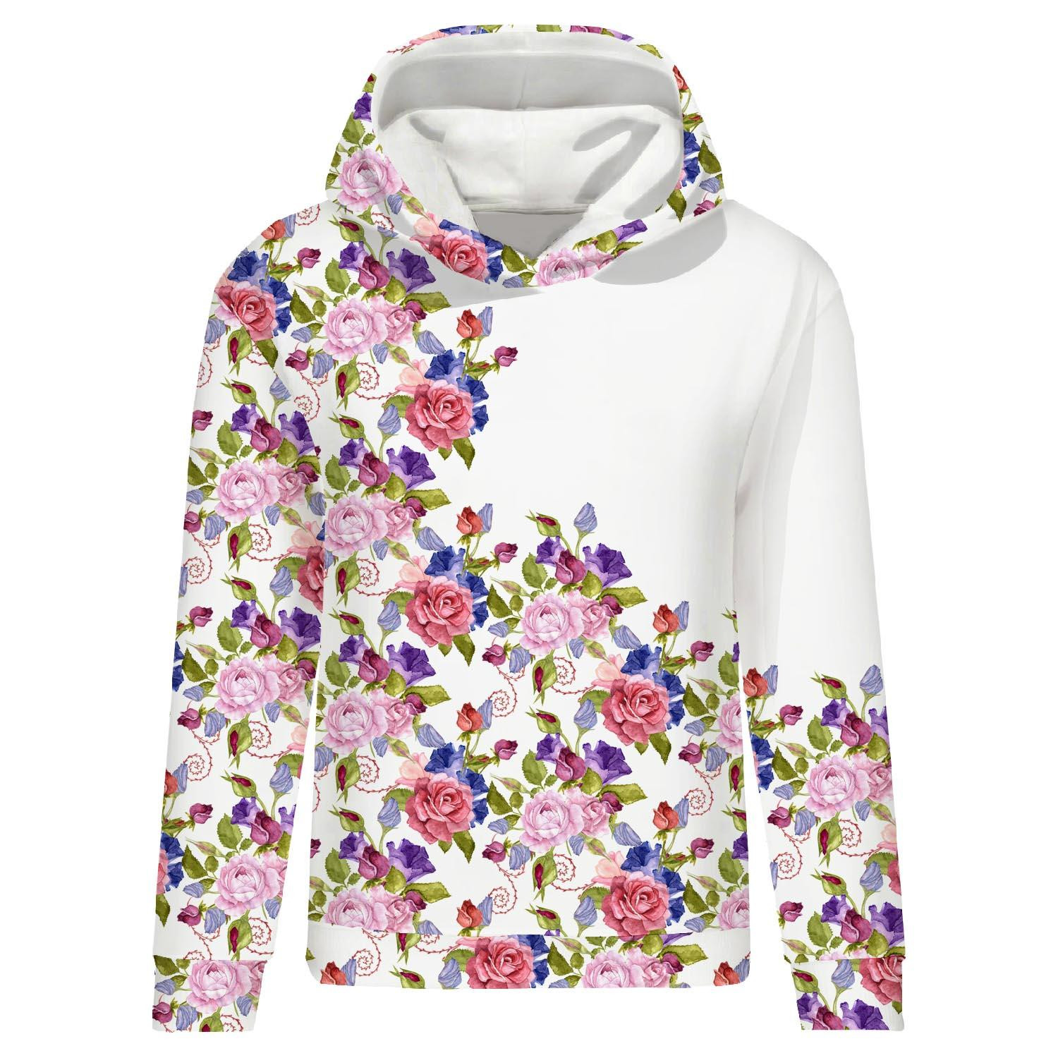 BLUZA DAMSKA (POLA) CLASSIC Z KAPTUREM - KWIATY RÓŻY wz. 2 (KWITNĄCA ŁĄKA) -  dzianina pętelkowa