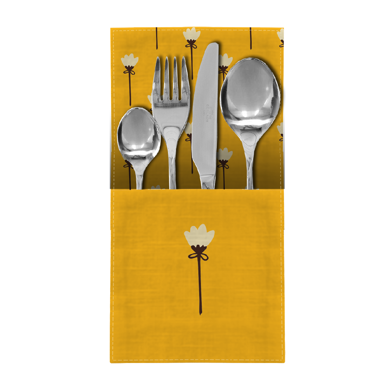 SERWETKI I BIEŻNIK - BIAŁE KWIATUSZKI / musztardowy - zestaw do uszycia