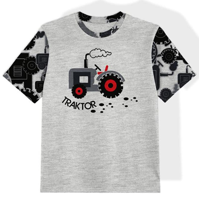 T-SHIRT DZIECIĘCY - TRAKTOR SZARY/ M-01 melanż jasnoszary- single jersey