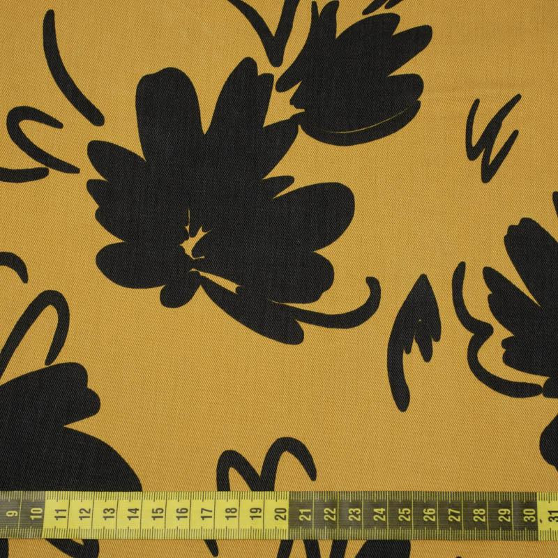 Tkanina Lyocell (CZARNE KWIATY) / musztardowy-yellow