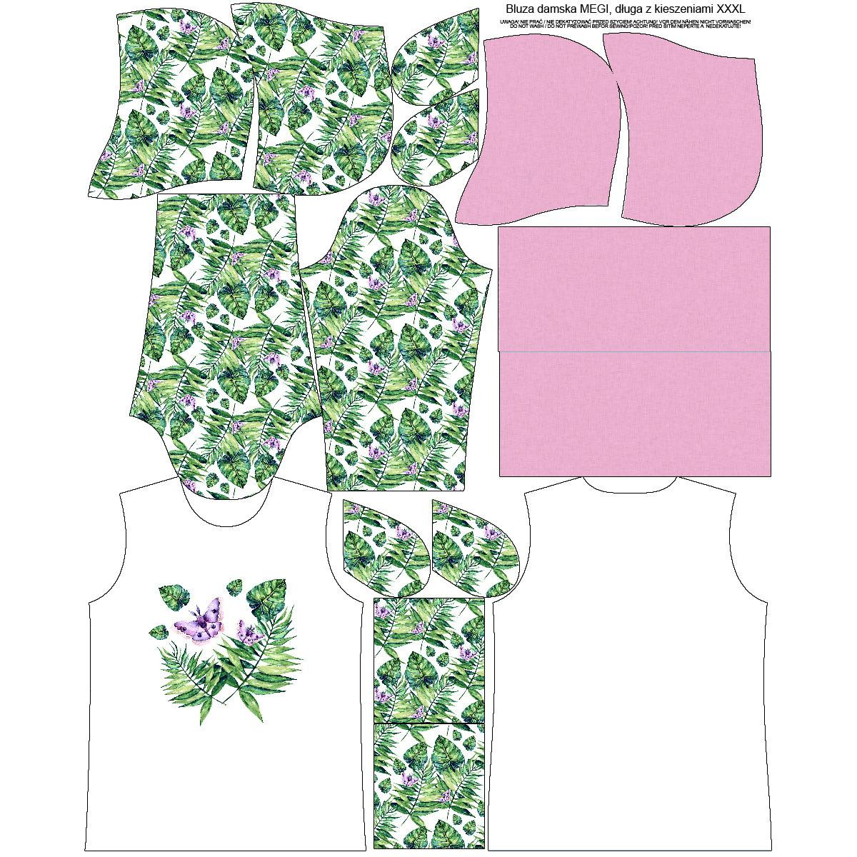 BLUZA DAMSKA (MEGI) - DŁUGA Z KAPTUREM - MINI LIŚCIE I OWADY WZ. 4 (TROPIKALNA NATURA) / biały - dzianina pętelkowa