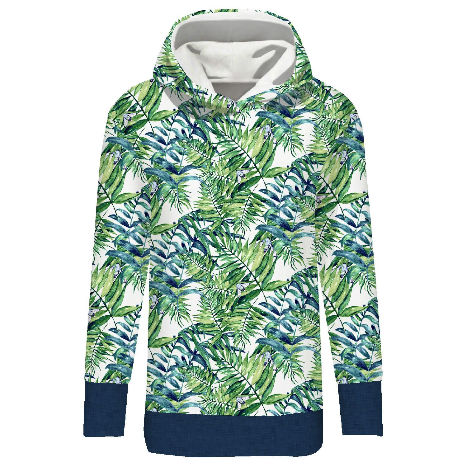 BLUZA DAMSKA (MEGI) - DŁUGA Z KAPTUREM - MINI LIŚCIE I OWADY WZ. 6 (TROPIKALNA NATURA) / biały - dzianina pętelkowa