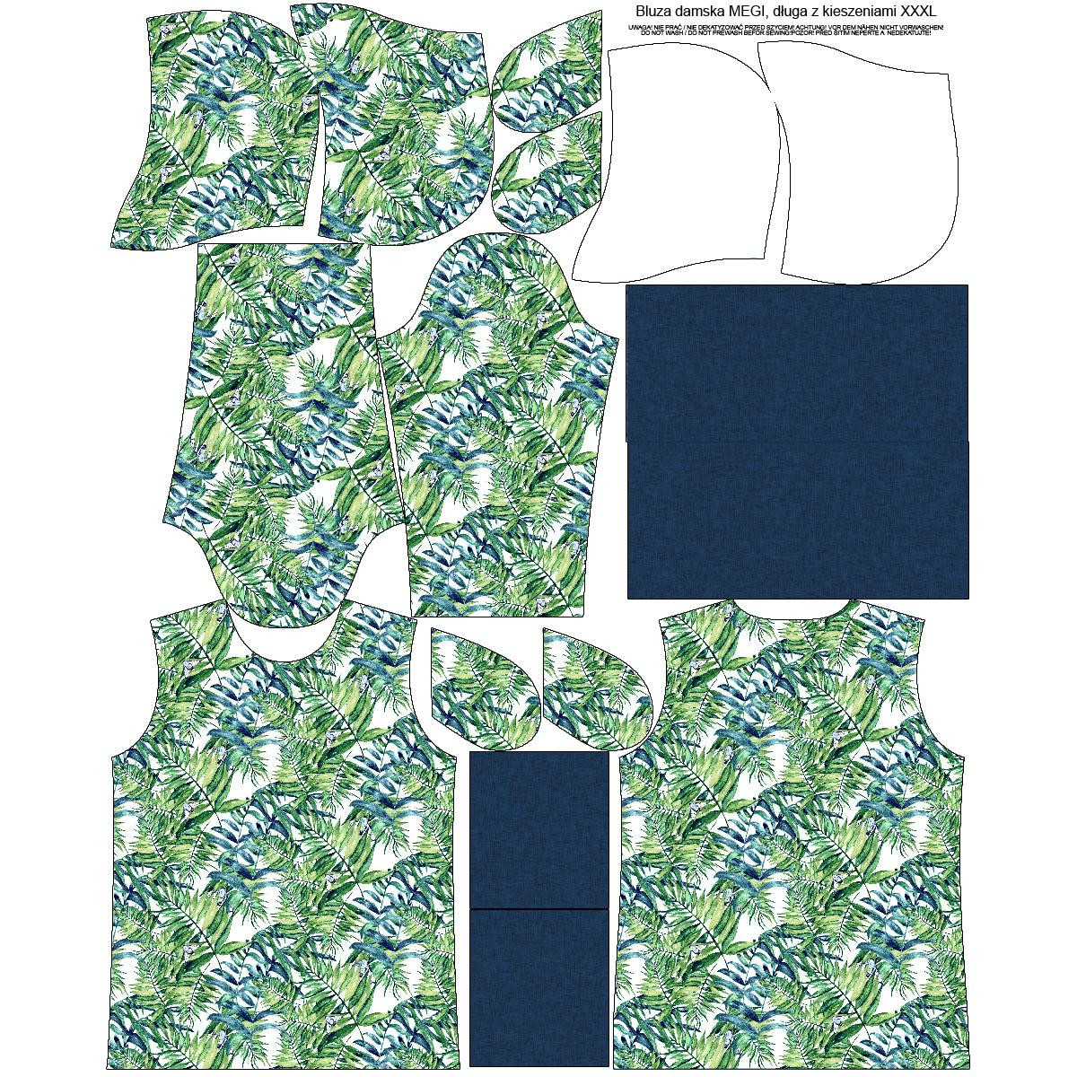 BLUZA DAMSKA (MEGI) - DŁUGA Z KAPTUREM - MINI LIŚCIE I OWADY WZ. 6 (TROPIKALNA NATURA) / biały - dzianina pętelkowa