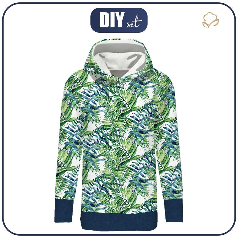 BLUZA DAMSKA (MEGI) - DŁUGA Z KAPTUREM - MINI LIŚCIE I OWADY WZ. 6 (TROPIKALNA NATURA) / biały - dzianina pętelkowa