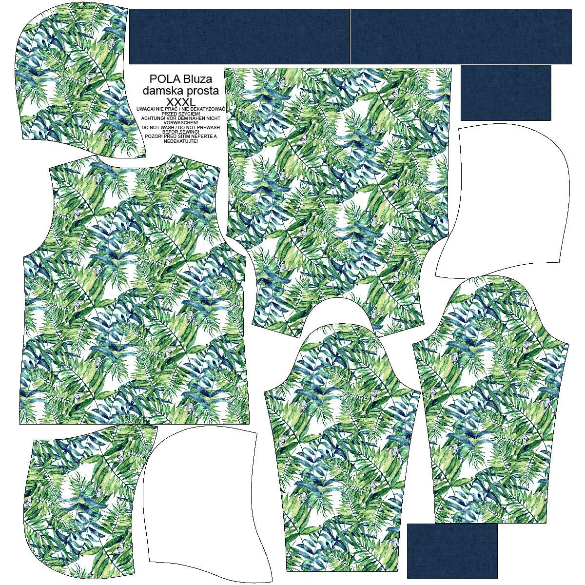BLUZA DAMSKA (POLA) CLASSIC Z KAPTUREM - MINI LIŚCIE I OWADY WZ. 6 (TROPIKALNA NATURA) / biały - dzianina pętelkowa