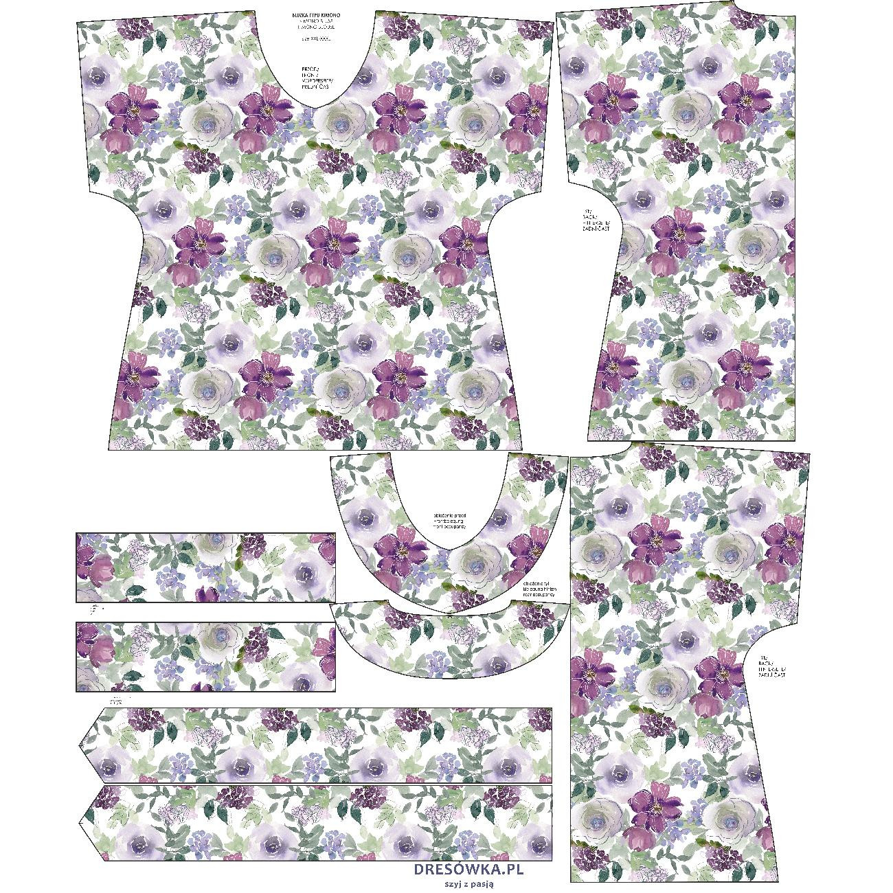BLUZKA TYPU KIMONO - AKWARELOWE KWIATY wz. 3 - zestaw do uszycia 