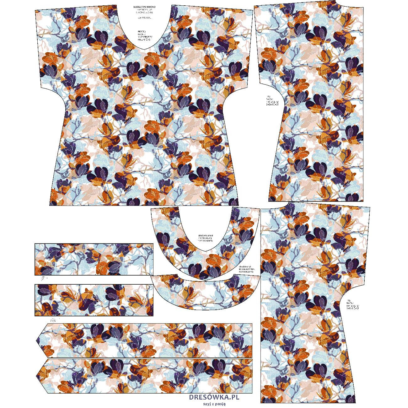 BLUZKA TYPU KIMONO - MAGNOLIE wz. 2 (kolorowy) - zestaw do uszycia 