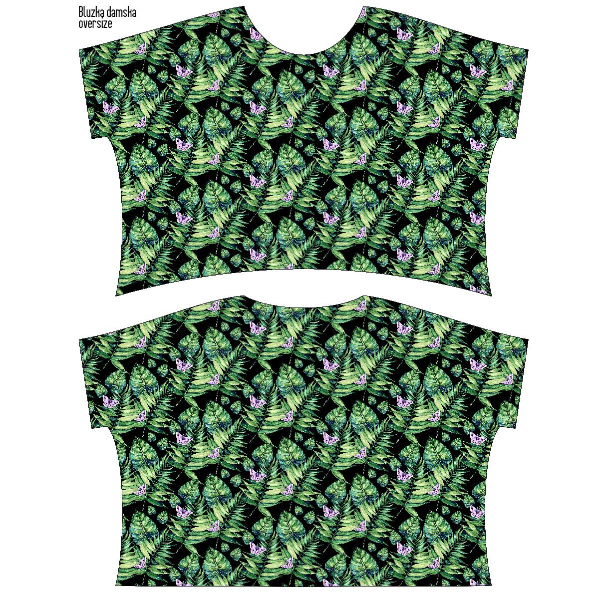 ZWIEWNA BLUZKA OVERSIZE "ELENA" - LIŚCIE I OWADY WZ. 4 (TROPIKALNA NATURA) / czarny - zestaw do uszycia