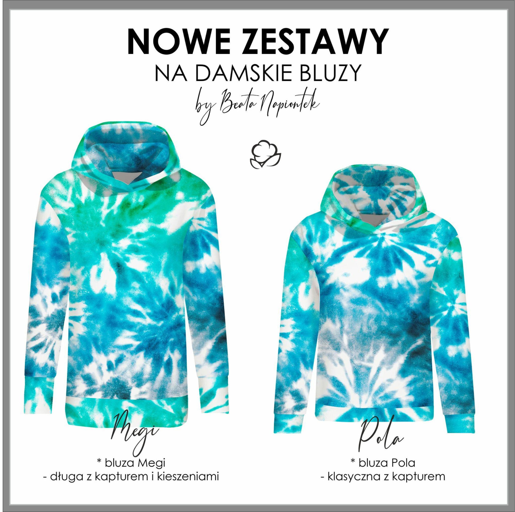 BLUZA DAMSKA (MEGI) - DŁUGA Z KAPTUREM - BATIK wz. 1 / niebiesko-zielony -  dzianina pętelkowa