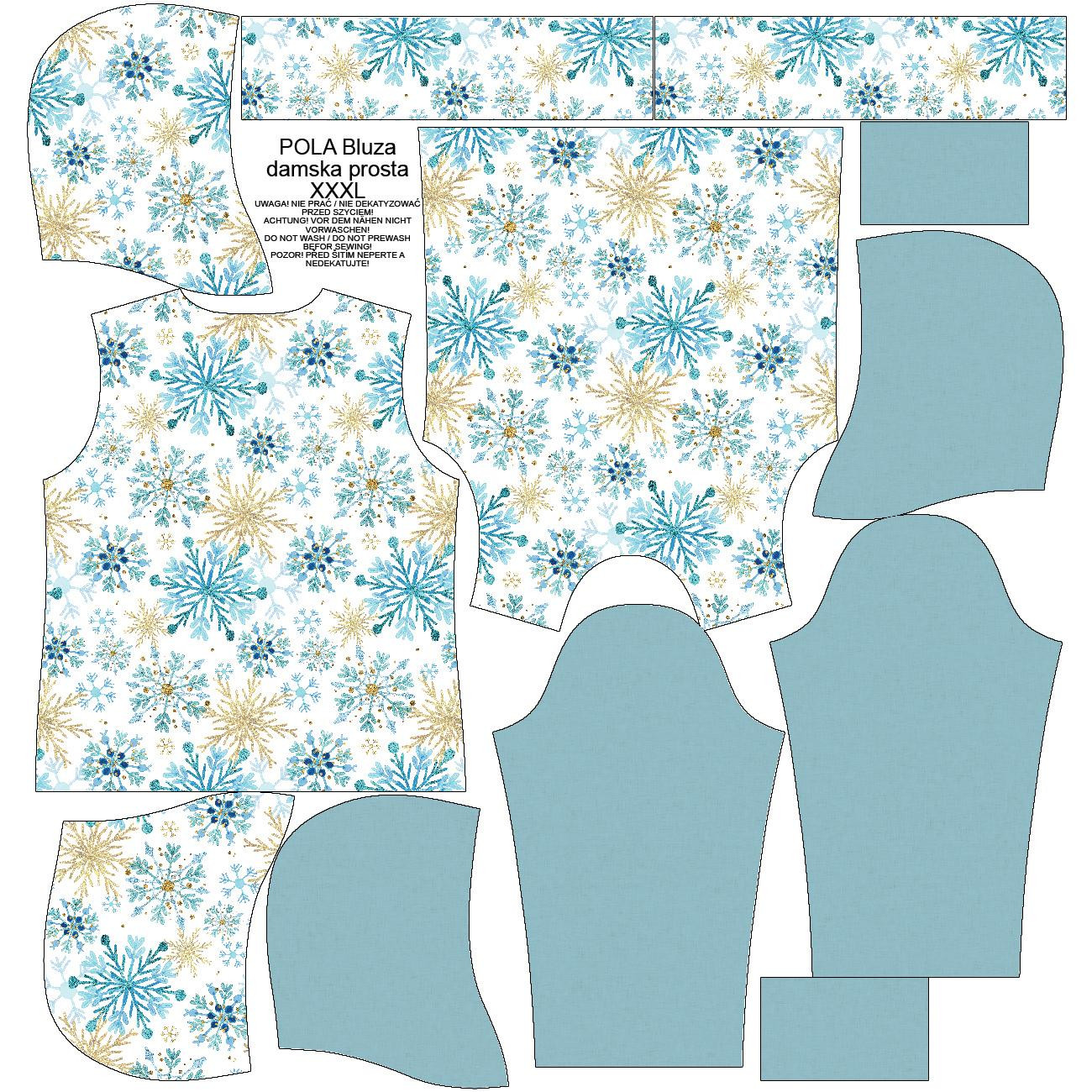 BLUZA DAMSKA (POLA) CLASSIC Z KAPTUREM - NIEBIESKIE ŚNIEŻYNKI - dzianina pętelkowa