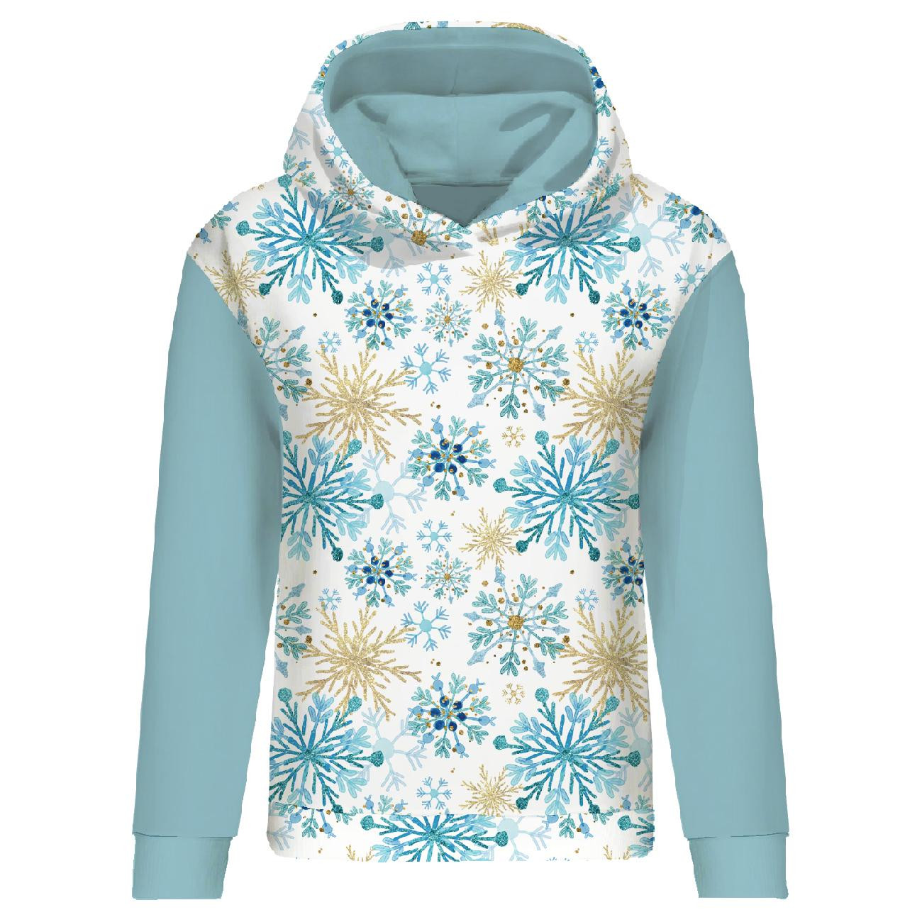 BLUZA DAMSKA (POLA) CLASSIC Z KAPTUREM - NIEBIESKIE ŚNIEŻYNKI - dzianina pętelkowa