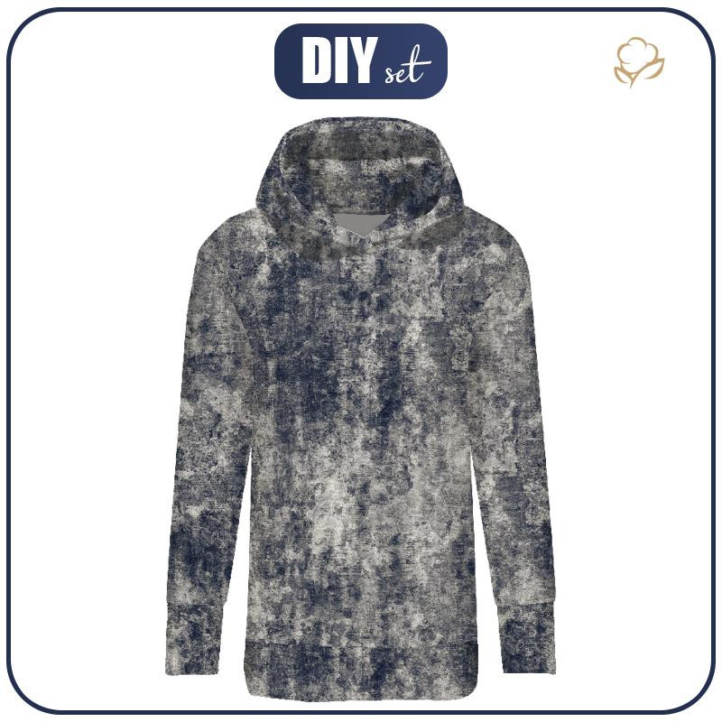 BLUZA DAMSKA (MEGI) - DŁUGA Z KAPTUREM - GRUNGE (navy) -  dzianina pętelkowa