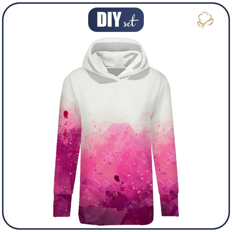 BLUZA DAMSKA (MEGI) - DŁUGA Z KAPTUREM - KLEKSY (fuksja) -  dzianina pętelkowa