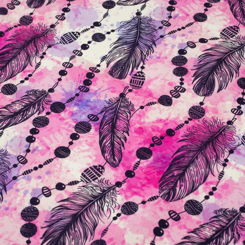 RÓŻOWE PIÓRKA I KORALIKI - dresówka pętelkowa