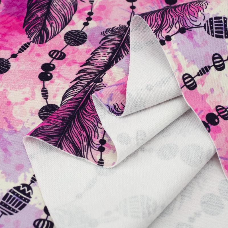 RÓŻOWE PIÓRKA I KORALIKI - dresówka pętelkowa