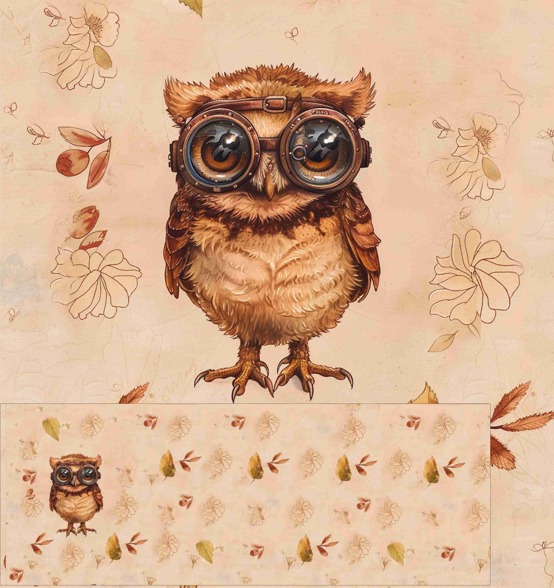 OWL STEAMPUNK FOREST WZ. 1 - PANEL PANORAMICZNY SINGLE JERSEY (60cm x 155cm)