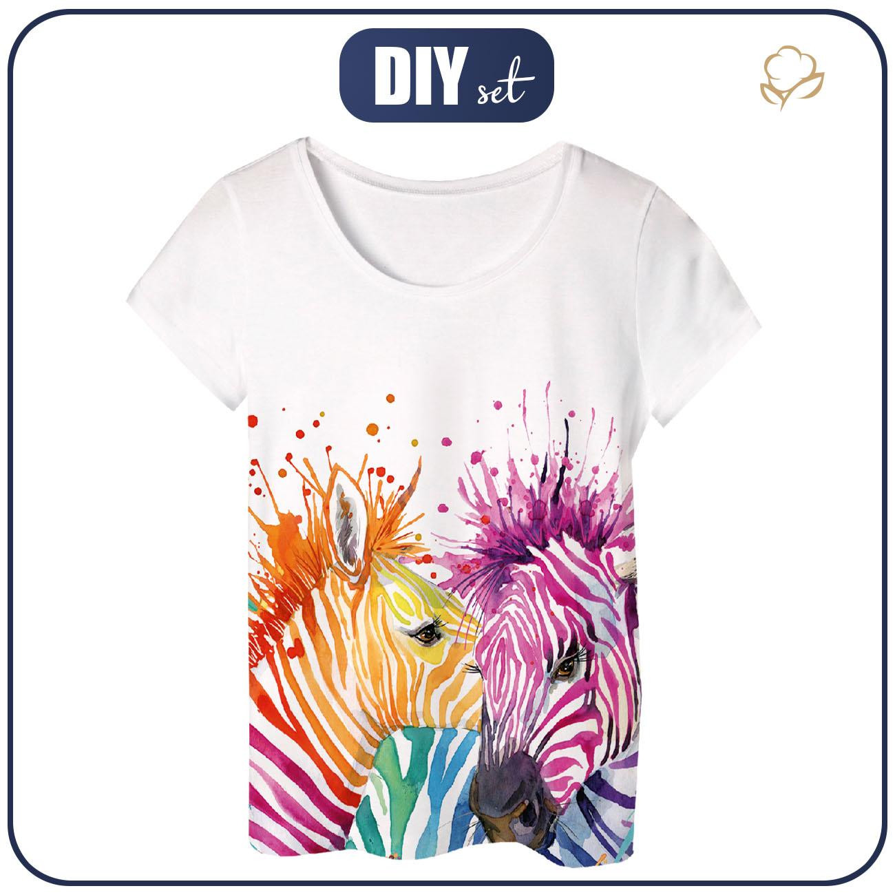 PIŻAMA-T-SHIRT "LINDA" - TĘCZOWE ZEBRY - zestaw do uszycia
