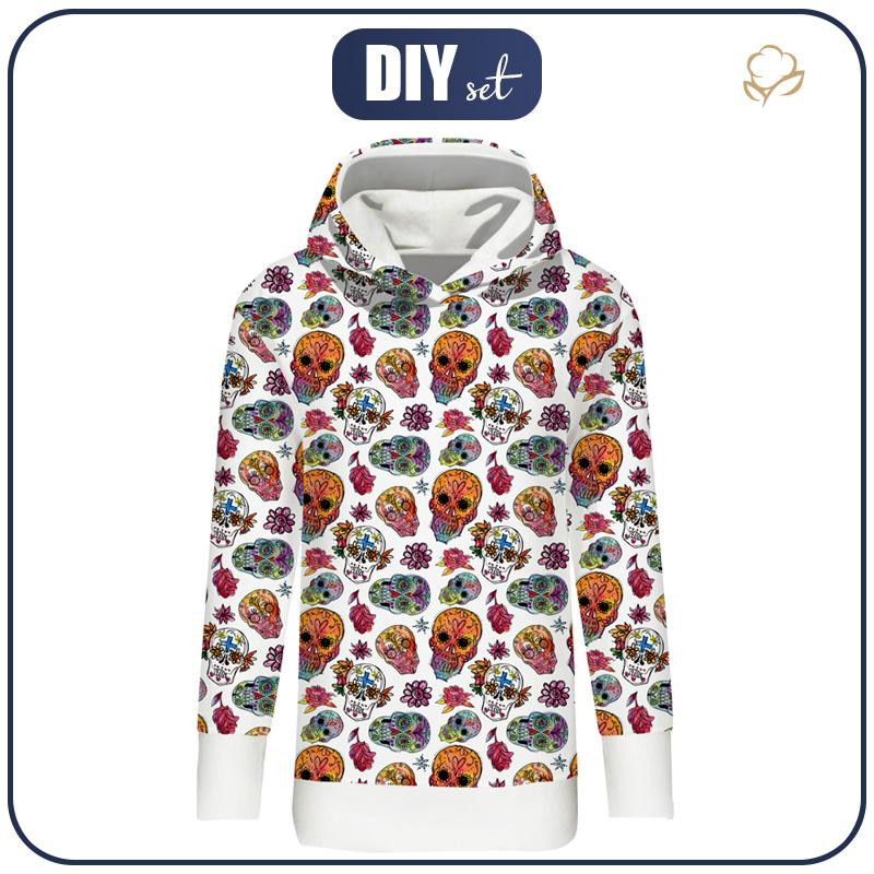 BLUZA DAMSKA (MEGI) - DŁUGA Z KAPTUREM - CZACHY wz. 3 / biały (DIA DE LOS MUERTOS) - dzianina pętelkowa
