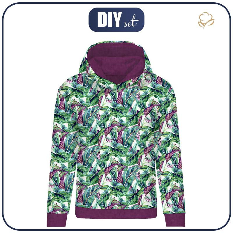 BLUZA DAMSKA (POLA) CLASSIC Z KAPTUREM - MINI LIŚCIE I OWADY WZ. 1 (TROPIKALNA NATURA) / biały - dzianina pętelkowa